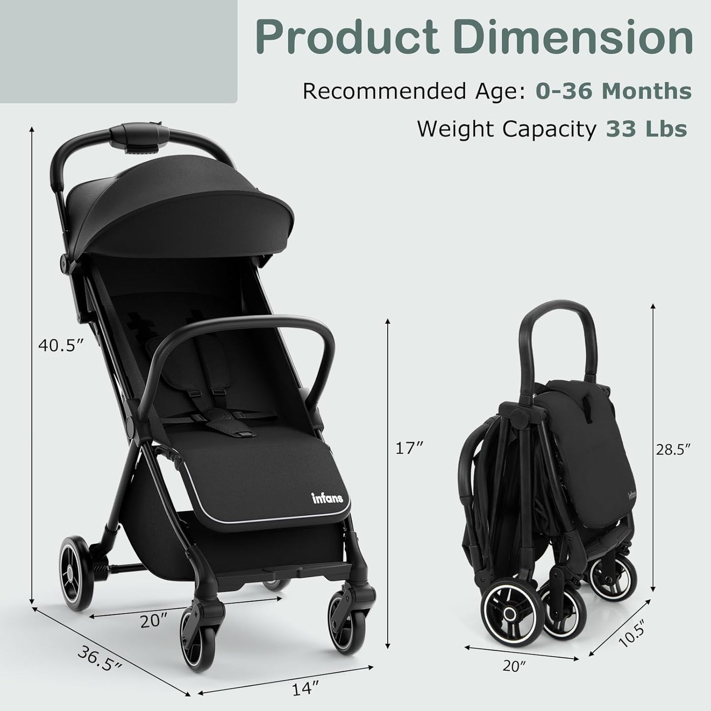 INFANS Ultra-Compact Fold Airplane Ready Travel Stroller, One-Hand Gravity Fold Near Flat Recline Seat, Foldable Toddler Stroller for Infant 6-36 Month