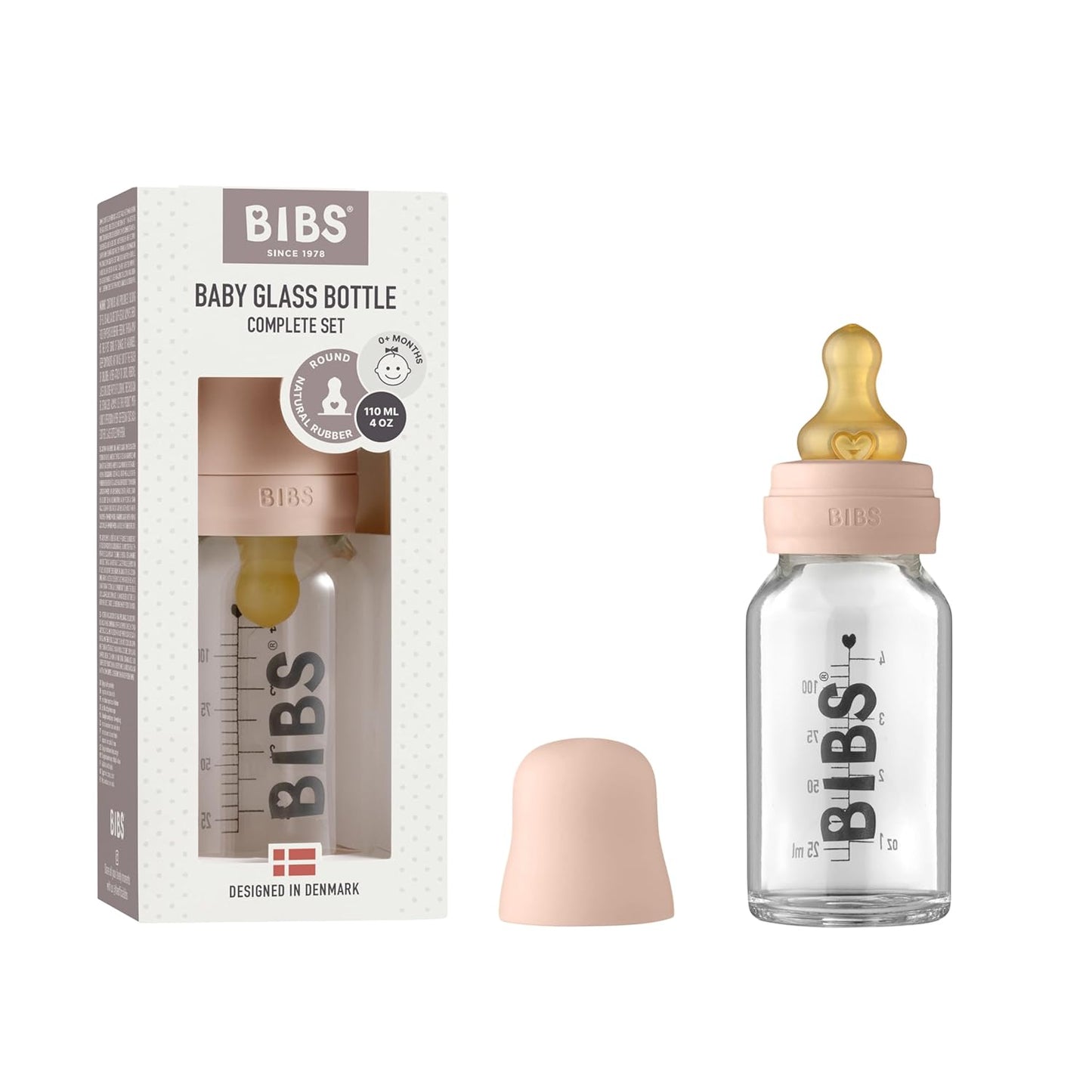 BIBS Baby Glass Bottle. Anti-Colic. Round Natural Rubber Latex Nipple. Supports Natural Breastfeeding, Complete Set - 110 ml, Cloud