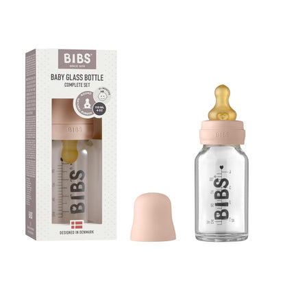 BIBS Baby Glass Bottle. Anti-Colic. Round Natural Rubber Latex Nipple. Supports Natural Breastfeeding, Complete Set - 110 ml, Cloud