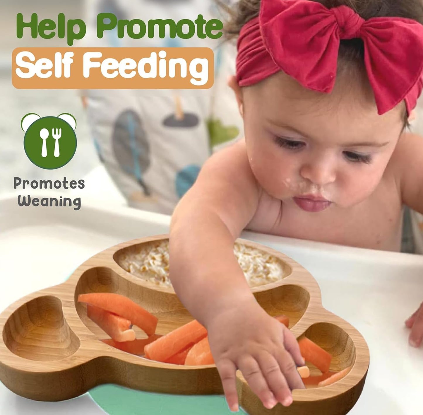 Bamboo Plates for Kids - Baby & Toddler Plates with Suction for Feeding & Weaning, Eco-Friendly Bear Design Promotes Self-Feeding, Ideal for Busy Moms & Dads, Sturdy & BPA-Free (Pink)