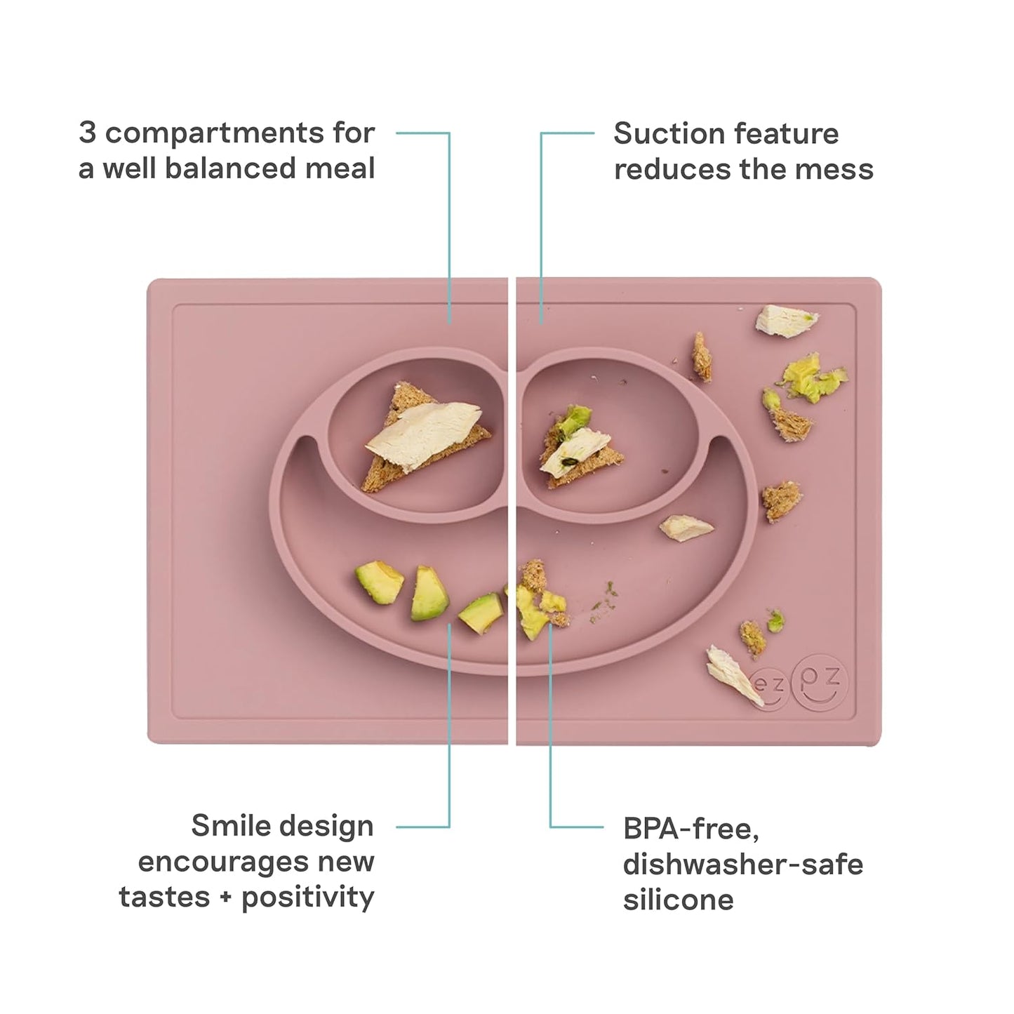 ezpz Mini Mat (Blush) - 6 -12 Months+ - 100% Silicone Suction Placemat + Divided Plate with Three Compartments - Supports Baby-Led Weaning - Designed for Highchair, Table, and Travel