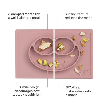 ezpz Mini Mat (Blush) - 6 -12 Months+ - 100% Silicone Suction Placemat + Divided Plate with Three Compartments - Supports Baby-Led Weaning - Designed for Highchair, Table, and Travel