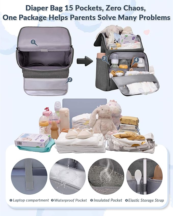 Baby Diaper Bag Backpack, 15 Pockets Newborn Baby Essential Travel bag, Multi Function Water Resistant Tote bag, Balancing Work and Life for Mon and Dad Grey