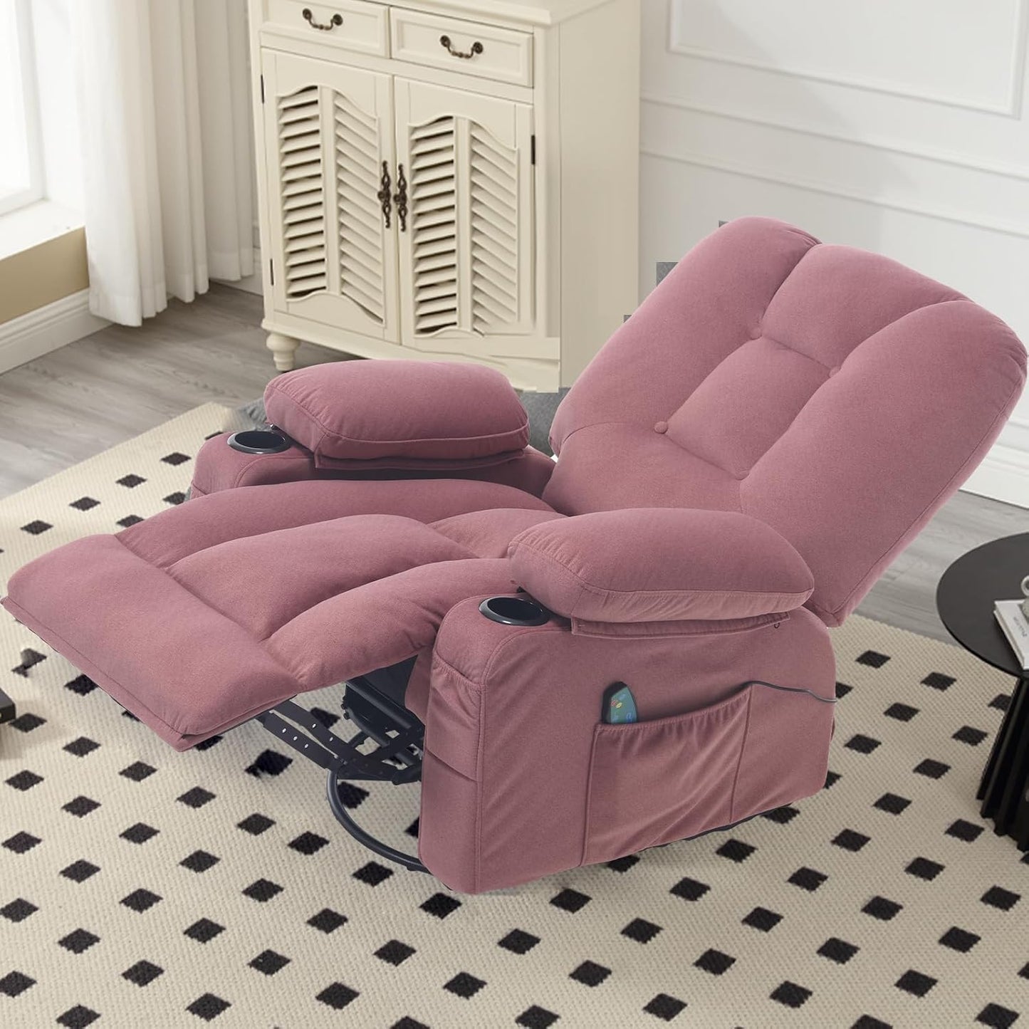 Rocker Recliner Chair with Massage and Heat, Oversized Rocking Nursery Recliners Overstuffed Swivel Glider with Cup Holder, Fabric Manual Single Sofa for Living Room, Beige