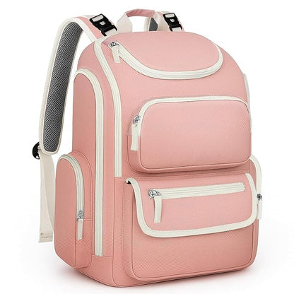 Mancro Diaper Bag Backpack, Multifunctional Baby Bag with Large Capacity and Waterproof Fabric,Diaper Backpack for Moms and Dads with 2 Side Insulated Pockets, Pink and Beige