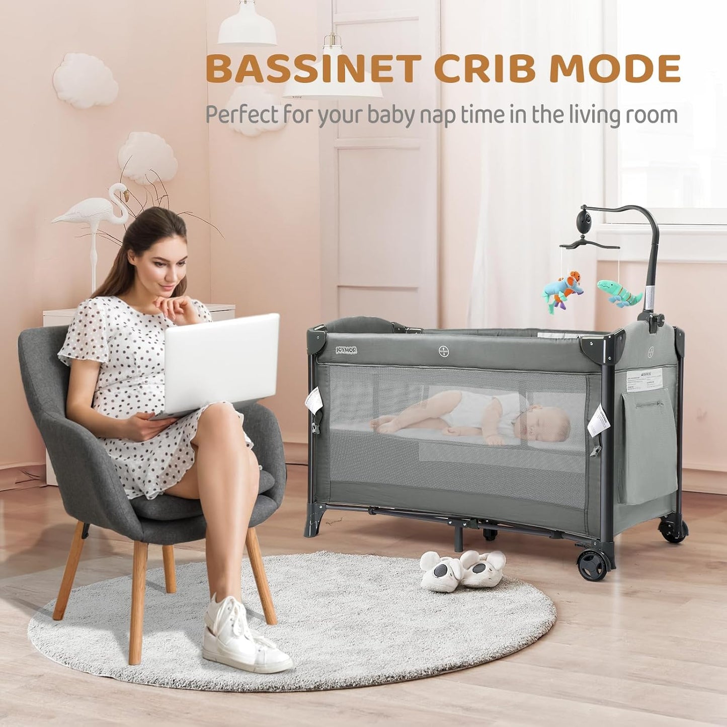 JOYMOR Baby Bedside Bassinet, Baby Bassinet, Pack n Play Convert Playpen, Quick Foldable Travel Bed with Wheels & Brake, Carry Bag for Boys Girls (Gray)