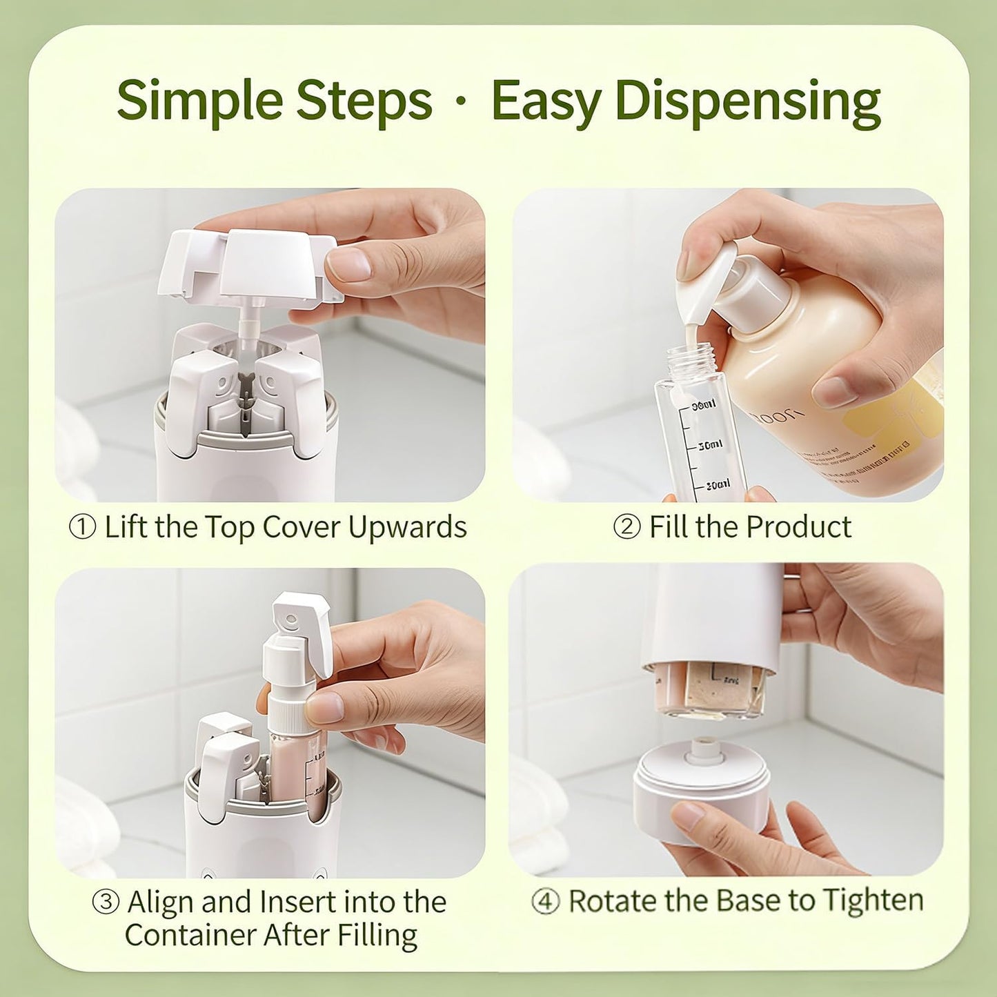 4 in 1 Travel Dispenser Bottle, 4 Pack 30ML Refillable Travel Formula Dispenser Bottles Pump, for Toiletries, with Scale Label Shampoo Lotion Conditioner Cream Storage (Green*2)
