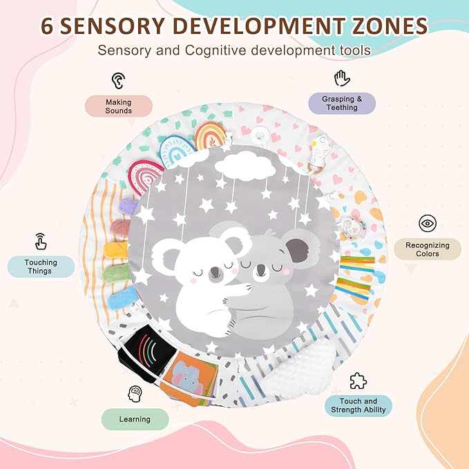 Baby Play Gym & Activity Mat, Tummy Time Mat with Cloud Toy, 7 Detachable Sensory Toys and Educational Cards for Motor Skills & Sensory Development, Baby Essentials Shower Gift, Grey Koala
