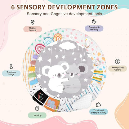 Baby Play Gym & Activity Mat, Tummy Time Mat with Cloud Toy, 7 Detachable Sensory Toys and Educational Cards for Motor Skills & Sensory Development, Baby Essentials Shower Gift, Grey Koala