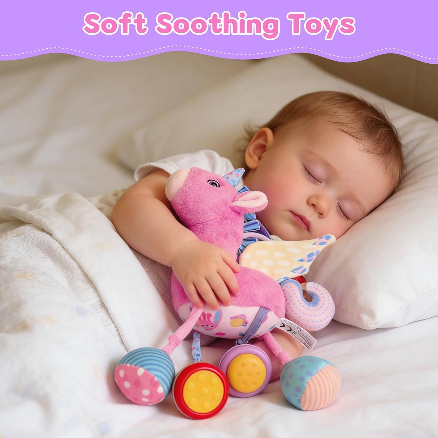 Car Seat & Stroller Toy for Girl - Musical Sensory Plush with Rattle & Mirror Baby Toys 0-12 Months Hanging Travel Carseat Toys Soft Squeaky Stuffed Animal Unicorn for Babies Gifts