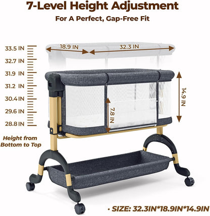 Ezebaby 3 in 1 Baby Bassinet Bedside Sleeper, Rocking Bassinet for Baby with Comfy Mattress & Breathable Full Mesh Sides, 7 Height Adjustable | Portable Crib for Newborns with Lockable Wheels
