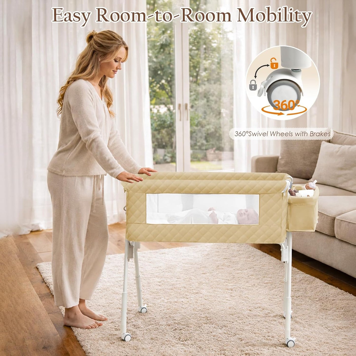 Baby Bassinet Bedside Crib for Newborn, 4-in-1 Baby Bassinet Bedside Sleeper with Mesh & Mattress, Easy Move Crib for Newborns with Lockable Wheels & Storage Basket, 4-Adjustable Height(Grey) | Bassinet with Wheels, Storage Basket, 4 Height Adjustable