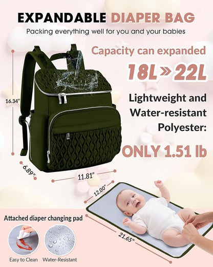 Baby Diaper Bag Backpack, Expandable Baby Bag for Girl Boy, Travel Diaper Backpack with Insulated Pocket, Changing Pad, Quilted Diaper Bag for Mom Dad, Newborn Baby Essentials Army green