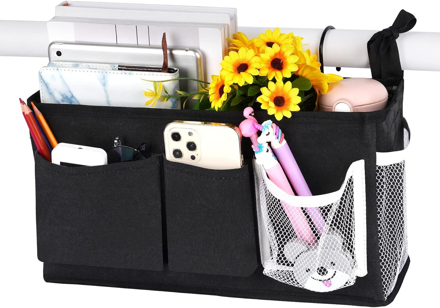 Loghot Bedside Caddy/Bedside Storage Bag Hanging Organizer for Bunk and Hospital Beds,Dorm Rooms Bed Rails,Can be Placed Glasses,Books,Mobile Phones,Keys (White)