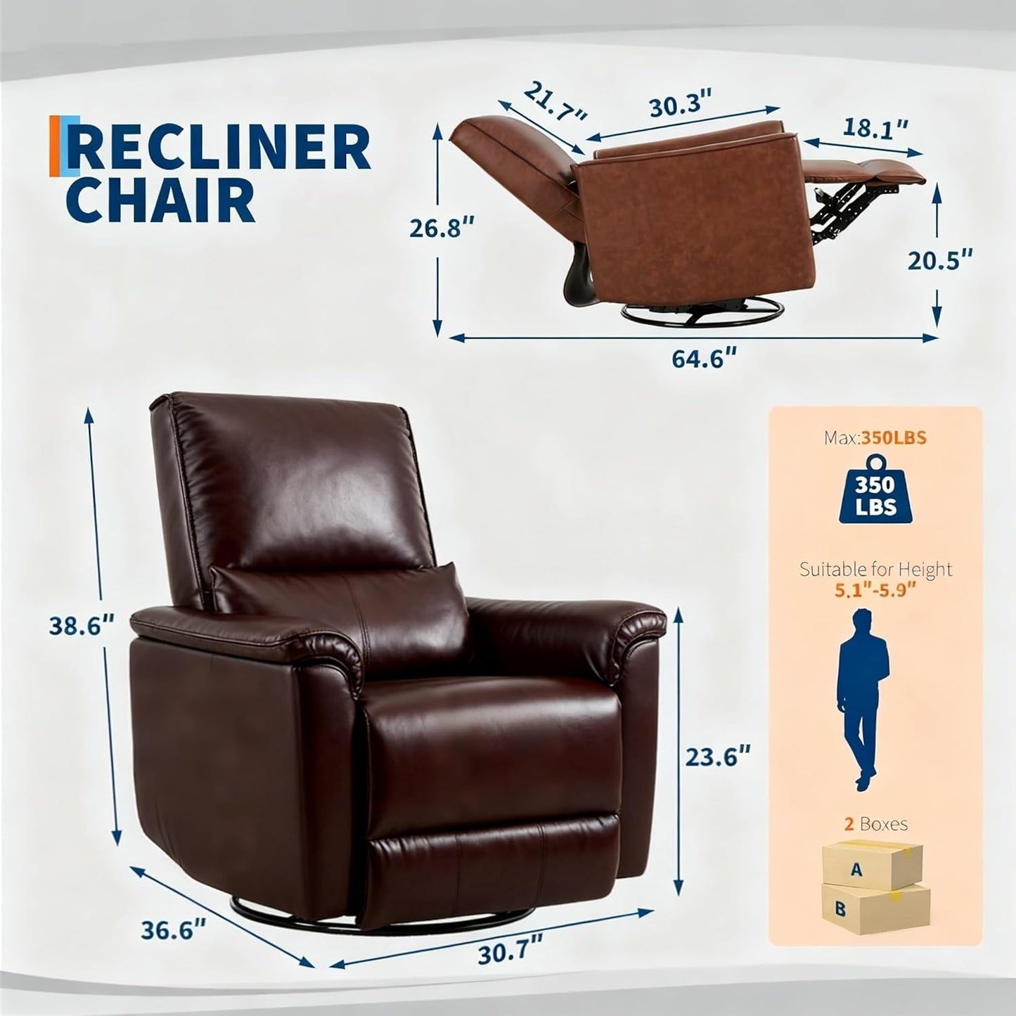 IDEALHOUSE Swivel Rocking Nursery Recliner Chair Rocker Recliner Glider Deep Seat PU Leather Sofa Chair with high Backrest for Nursery, Living Room, Bedroom & Home Movie Theater (Chocolate)