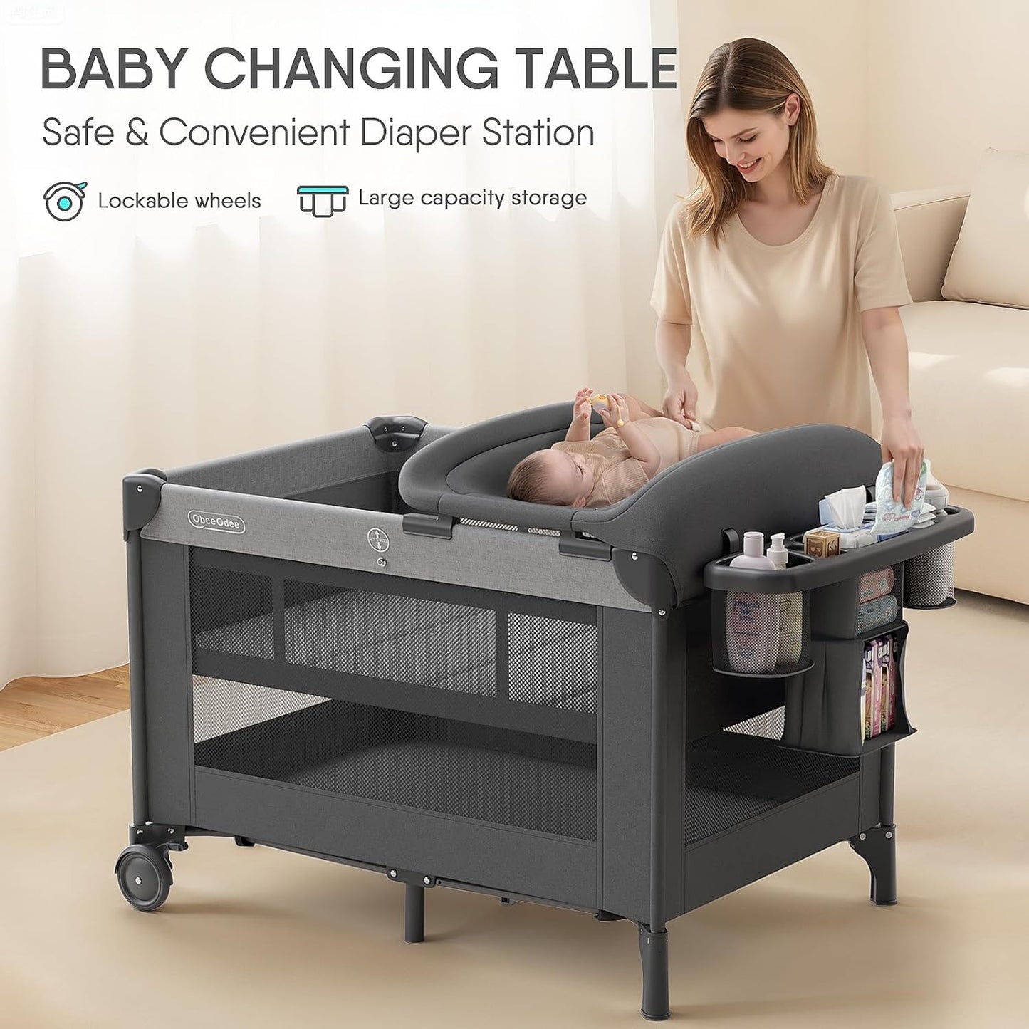 Obee Odee 4-in-1 Baby Bassinet with Playard, Napper Bassinet, Changing Table, Mosquito Net & Canopy, Storage and Toys for Newborn to Toddler