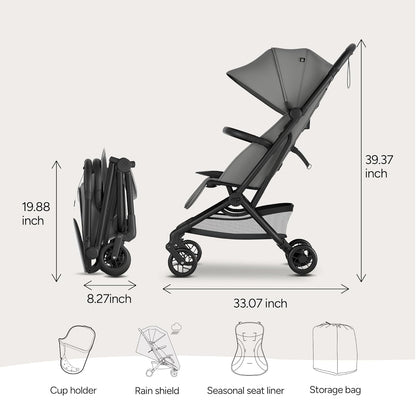 Mompush Velo Lightweight Travel Stroller, Compact & Airplane-Friendly for Baby and Toddler, Lie-Flat Seat, One-Hand Fold, with Leather Bumper Bar, Shoulder Strap, Raincover, Storage Bag & Cup Holder