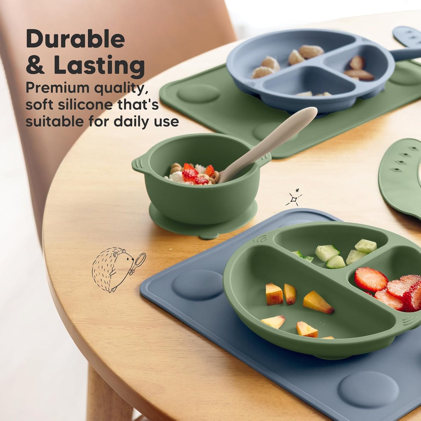 KeaBabies 2pk Silicone Placemats for Toddlers, Kids - 12x9 Non Slip Suction Baby Silicone Placemat for Restaurants, Dining Table,Travel, Easy to Clean, Food Grade/BPA-Free,Small Baby Table Mat(Slate)