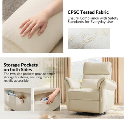 HULALA HOME Nursery Glider Recliner with Adjustable Headrest and Armrests, Power Swivel Rocker Recliner Chair with USB Port and Storage Bags, GREENGARD, FSC, CertiPUR-US® Certified, Beige