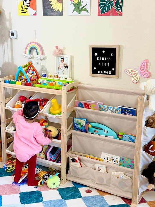 Fodoss Book Shelf for Kids Rooms - Toy Storage Organizer with Bookshelf, Solid Wood Kids Bookshelf with 7 Bins, Side Storage Pockets, Large Toy Organization for Nursery, Natural Pine