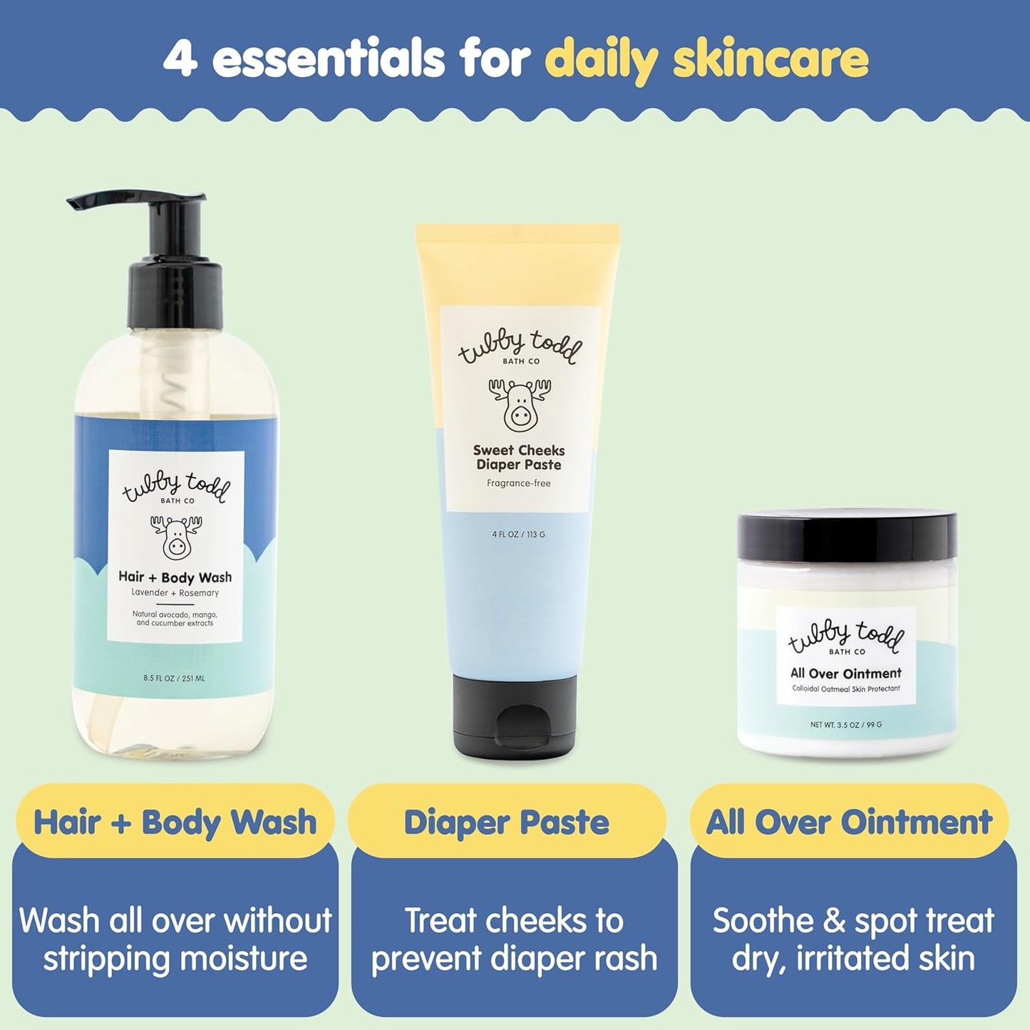 TUBBY TODD Baby Bundle Newborn Skin Care Set - Hypoallergenic Hair + Body Wash, All Over Ointment with Colloidal Oatmeal, Sweet Cheeks Diaper Paste - Fragrance Free, Standard Size
