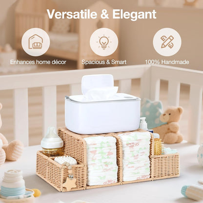 Diaper Caddy Organizer, Hand Rattan Nursery Storage Basket for Baby Essentials, Baby Changing Table Organizer Perfect Nursery Assistant (Natural Light Woven - Style 1, M)