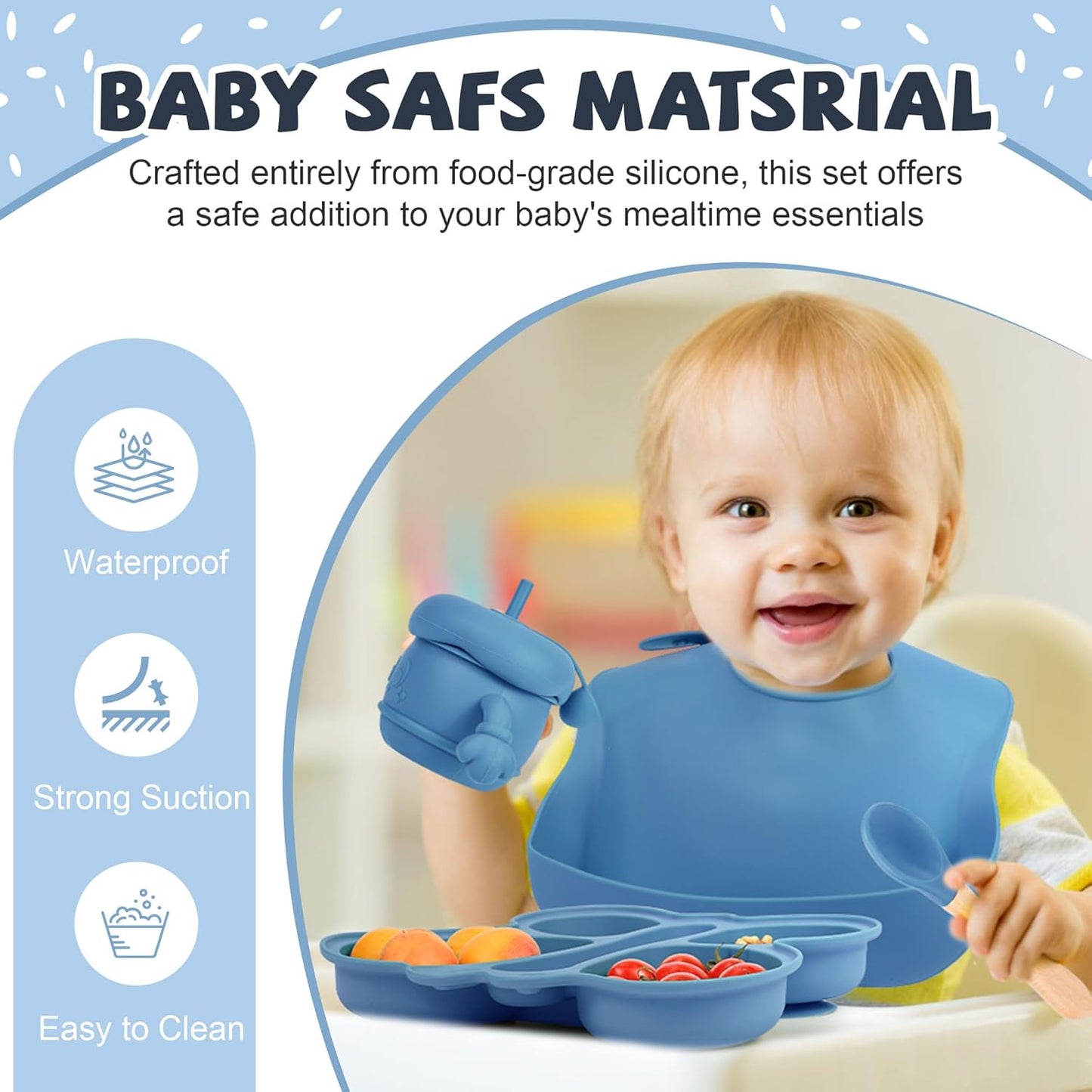 Silicone Baby Feeding Set, Baby Led Weaning Supplies, Baby Food Tableware Silicone Suction Plate, Bowl, Spoons, Fork, Waterproof Bib, Cup & Complementary Food Cake Mold, Baby Eating Utensils