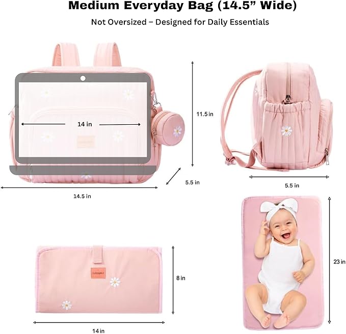 GOBABYMART Diaper Bag Backpack, Medium Maternity baby bag & Changing Pad, Diaper Bag Tote, Insulated Pockets, Hospital Bag (Medium - Pink Flowers)