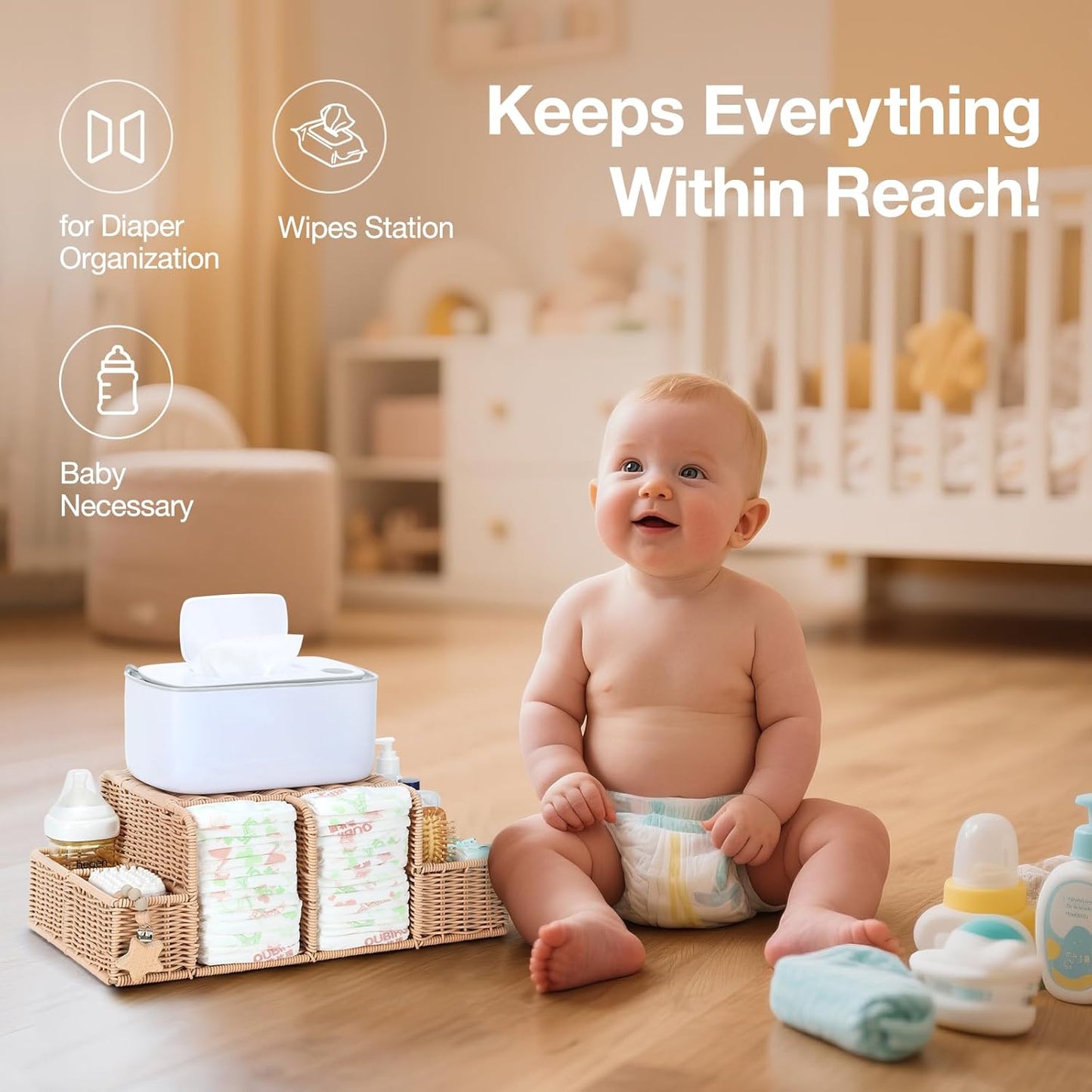 Diaper Caddy Organizer, Hand Rattan Nursery Storage Basket for Baby Essentials, Baby Changing Table Organizer Perfect Nursery Assistant (Natural Light Woven - Style 1, M)