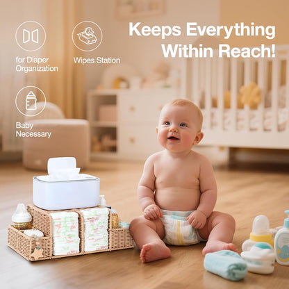 Diaper Caddy Organizer, Hand Rattan Nursery Storage Basket for Baby Essentials, Baby Changing Table Organizer Perfect Nursery Assistant (Natural Light Woven - Style 1, M)
