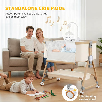 Bassinet Bedside Sleeper,Bedside Bassinet,Rocking Bassinet,3 in 1 Portable Bedside Crib with Mattress,Mobile,Mosquito Net,Storage Basket,6-Height Adjustable Baby Bassinet with Wheels for Newborn,Beige