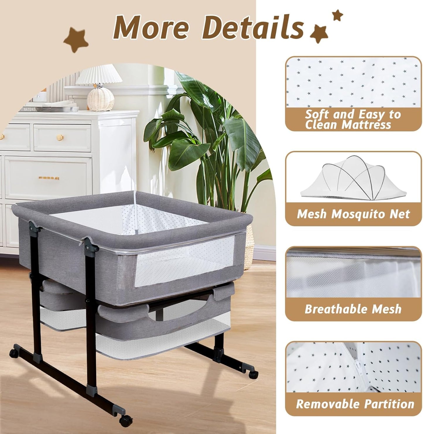Twin Bassinet for 2 Babies, Double Bassinet for Twins with Music Toys, Mosquito Net & Storage Basket Portable Foldable Bedside Sleeper for Newborns, Grey | Side By Side Design, Independent Space, Small Space Fit, Safe Co Sleeping, Stable Frame