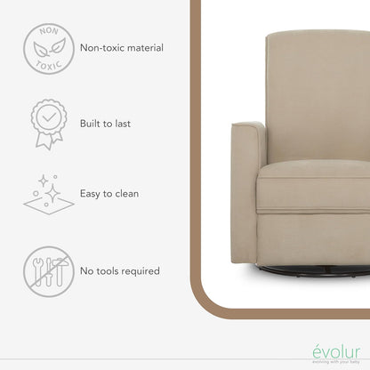 Evolur Harlow Upholstered Power Glider Recliner with USB Charging – Rocking & 275° Swivel with Smooth Glide – Greenguard Gold & FSC Certified – Modern Nursery and Living Room Chair in Light Sand