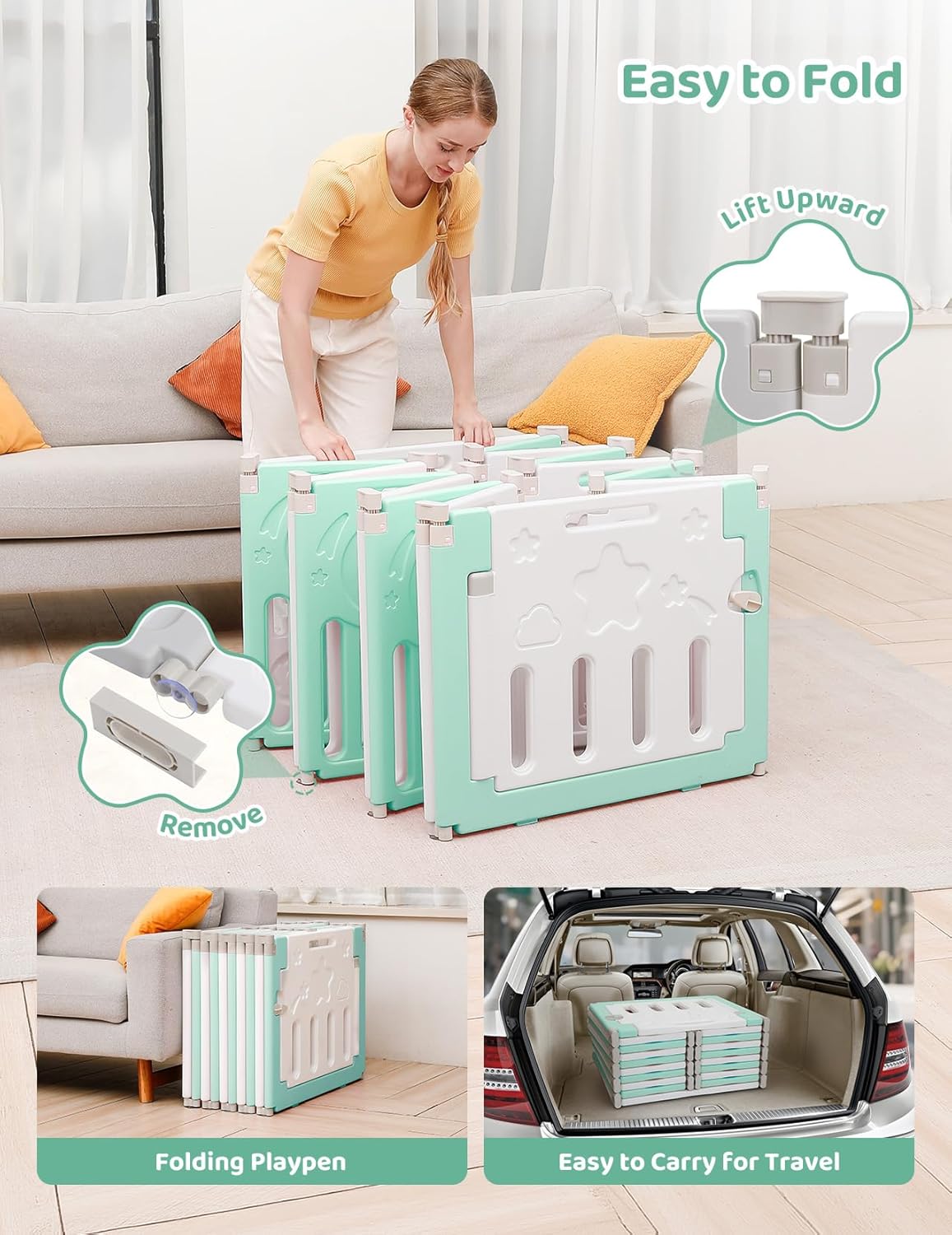 Baby Playpen, Dripex Baby Playard for Babies and Toddlers, 14-Panel Foldable Playpen Adjustable Portable Play Area, Indoor/Outdoor Kids Active Center with Game Panel & Safety Gate, Grey White