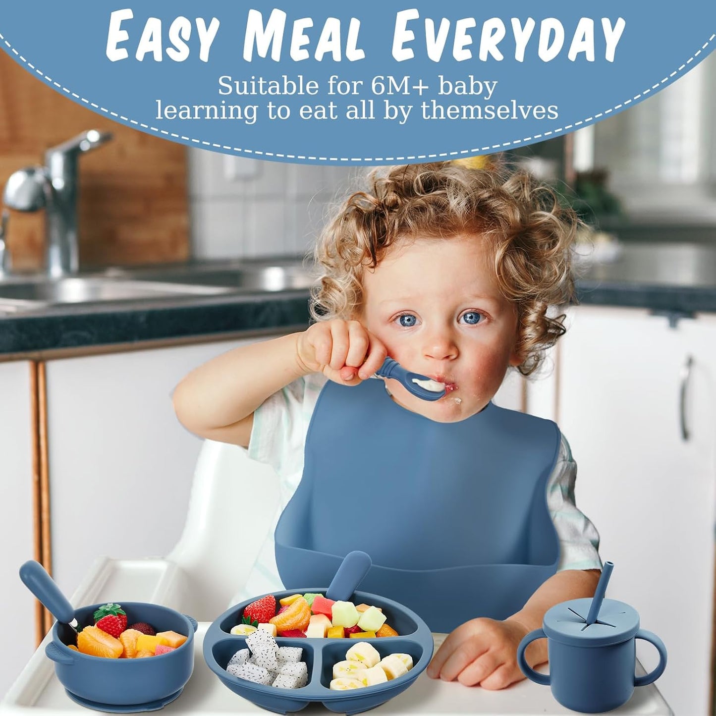 24 Pack Silicone Baby Feeding Set Baby LED Weaning Supplies Includes Suction Divided Plates Soft Bowl Spoons Forks Adjustable Bib Snack Cup and Straws(Gray Blue, Army Green, Beige)