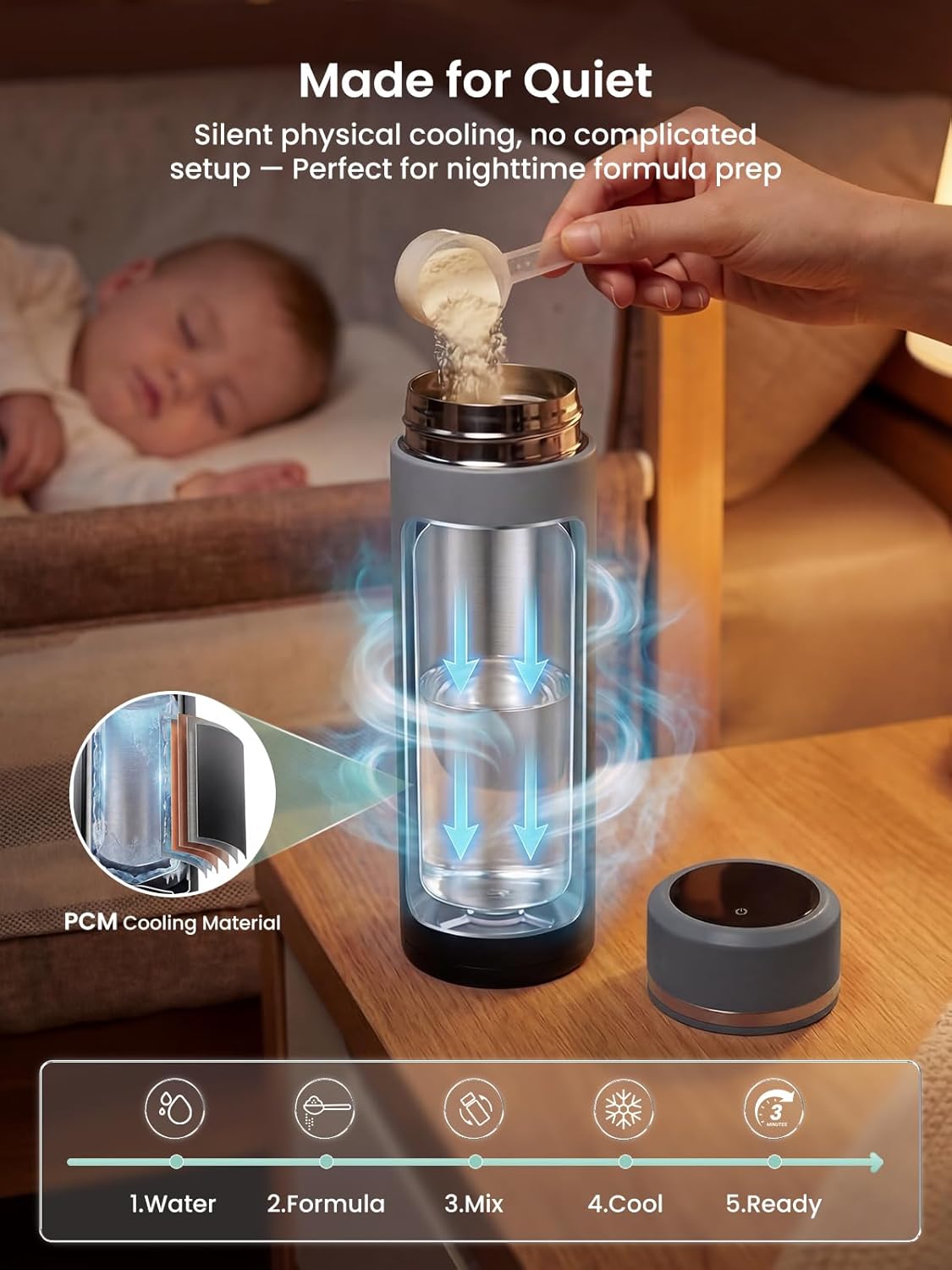 Grownsy Portable Baby Formula Bottle Maker, Rapid Cooling in 3 Min, Pure Physical Cooling, No Power Needed, Smart Color Temp Display, Travel & Night Feeding Essential, Includes Formula Dispenser,Green