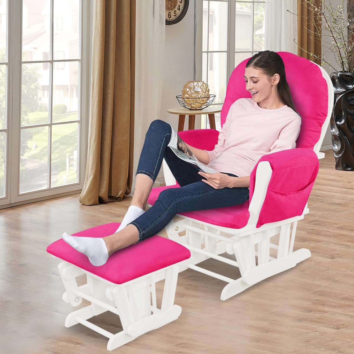Costzon Nursery Glider with Ottoman, Upholstered Comfort Glider Rocker with Padded Cushion, Storage Pocket, Solid Wood Base, Rocking Chair Nursery for Breastfeeding, Napping (Light Gray)