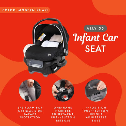 Baby Trend Ally Newborn Baby Infant Car Seat Carrier Travel System with Harness and Extra Cozy Cover for Babies Up to 35 Pounds, Modern Khaki