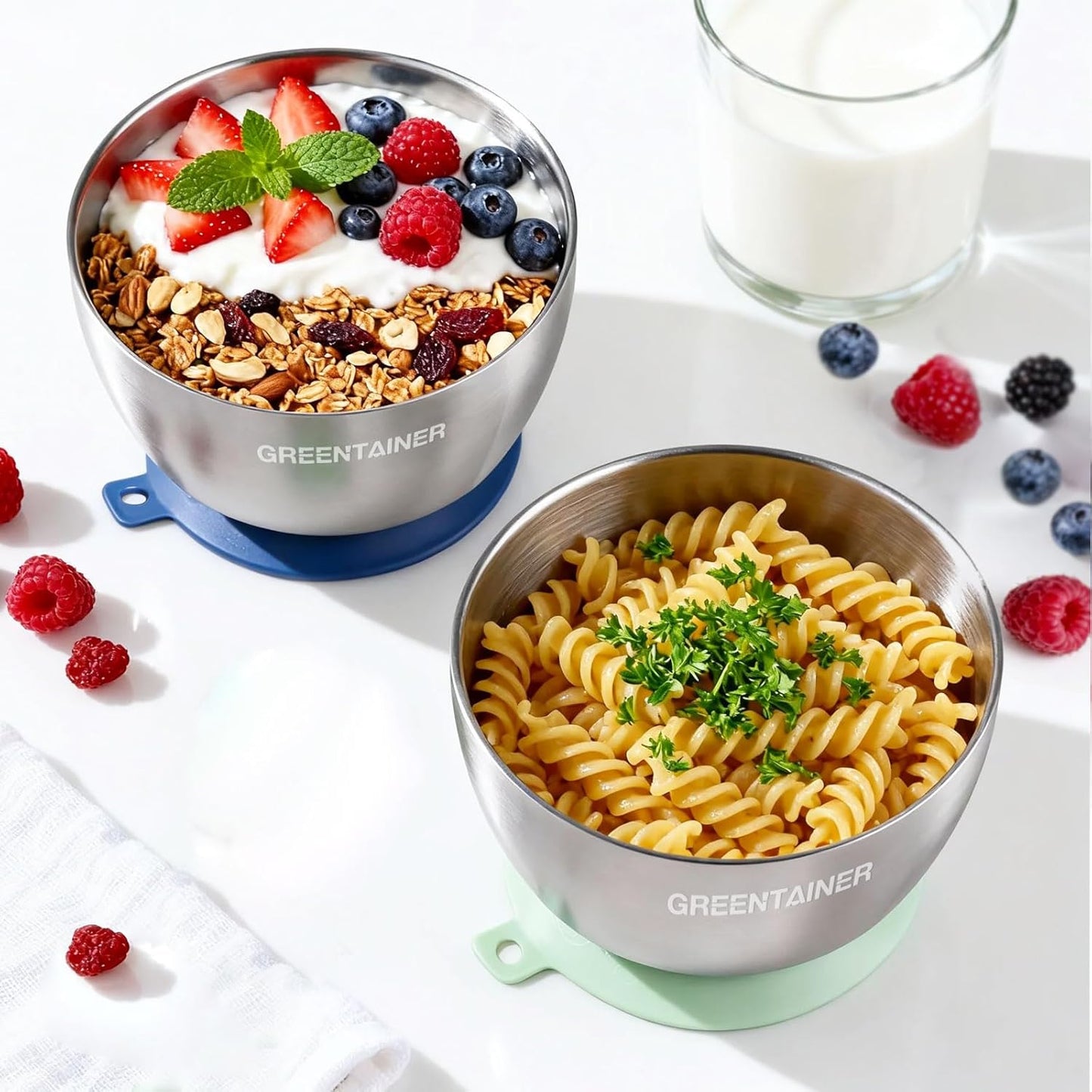 Greentainer Stainless Steel Baby Bowl Set of 3, Double Wall Insulated, Unbreakable Toddler Bowls with Removable Silicone Suction Base, Non-Slip, Dishwasher Safe, BPA-Free for Infants 6+ Months (Green)