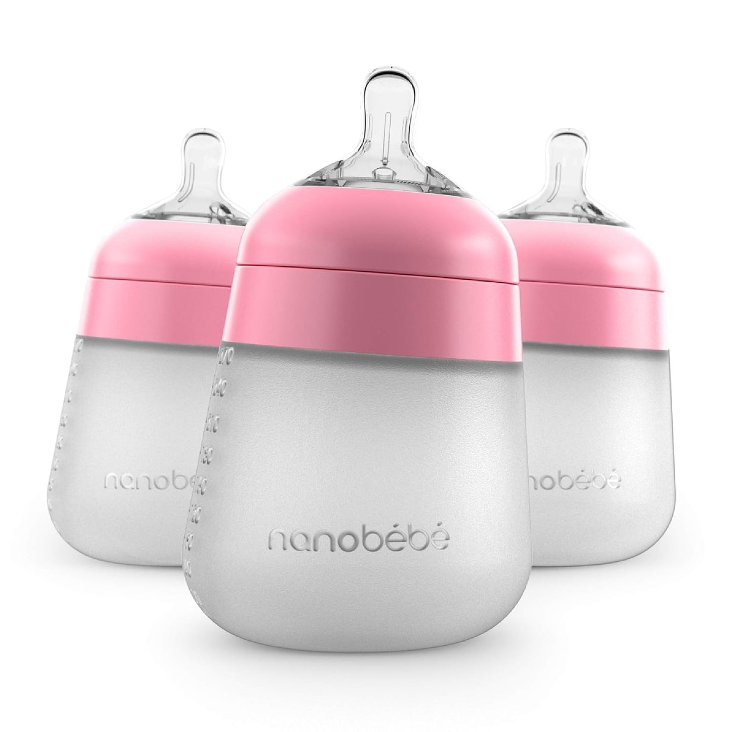 Nanobebe Flexy Silicone Baby Bottle, Anti-Colic, Natural Feel, Non-Collapsing Nipple, Non-Tip Stable Base, Easy to Clean 4-Pack, Pink/White, 5 oz