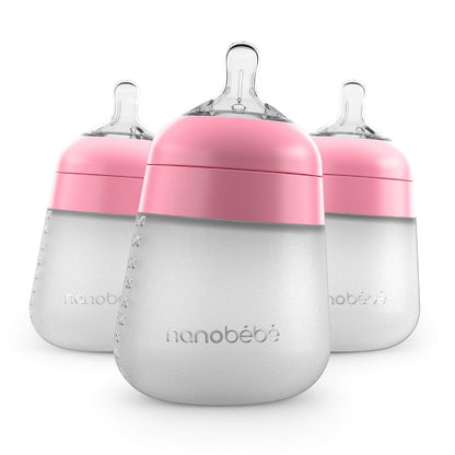 Nanobebe Flexy Silicone Baby Bottle, Anti-Colic, Natural Feel, Non-Collapsing Nipple, Non-Tip Stable Base, Easy to Clean 4-Pack, Pink/White, 5 oz