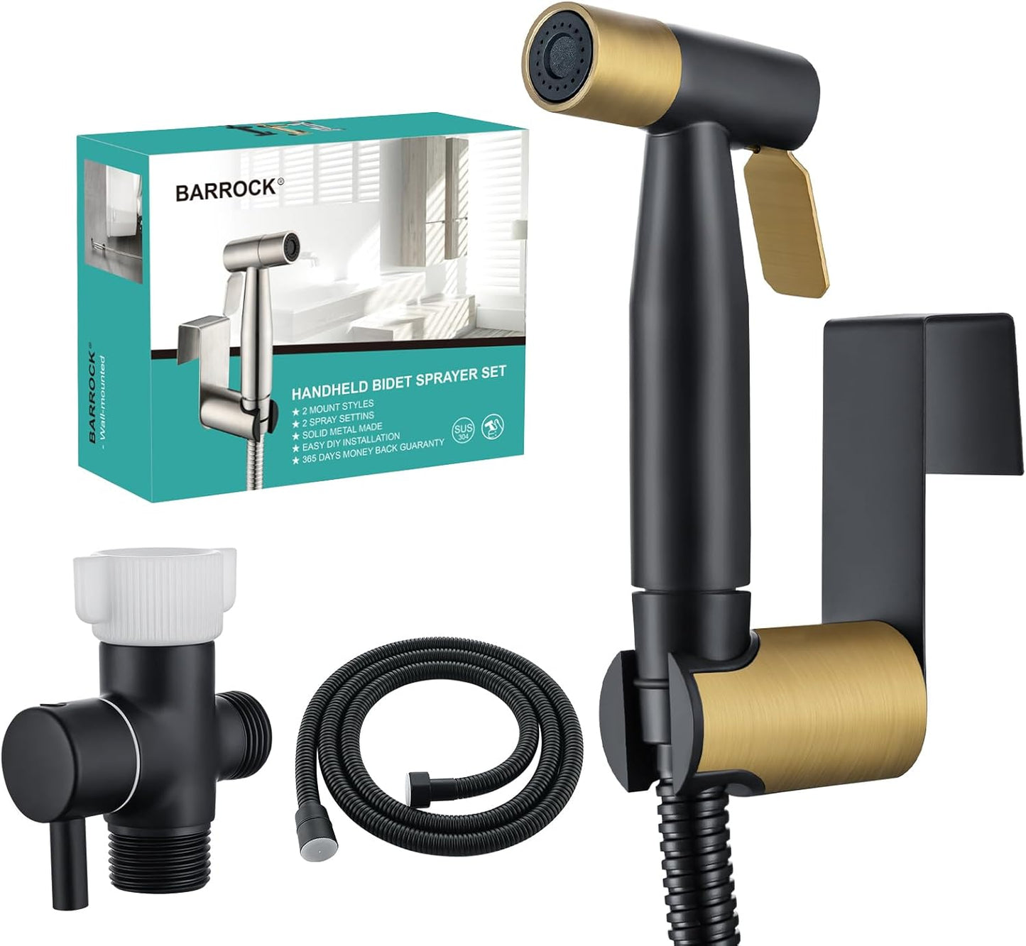BARROCK Handheld Bidet Sprayer for Toilet, Stainless Steel Metal Made Baby Cloth Diaper Spraying Kit, Bathroom Toilet Bidet Attachment Set for Bathing Pets and Feminine Hygiene, Matte Black