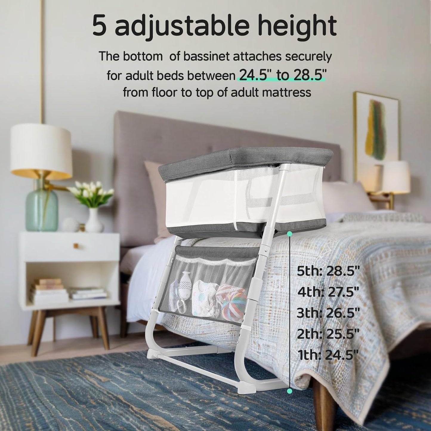 Cowiewie Bassinet Bedside Sleeper,Baby Bassinet Slides Over Bed,5-Position Height Adjustment & Breathable All-Mesh Wall Bedside Bassinet for Baby,Space-Saving Bedside Crib, Height(37.4-41.3") (Beige)