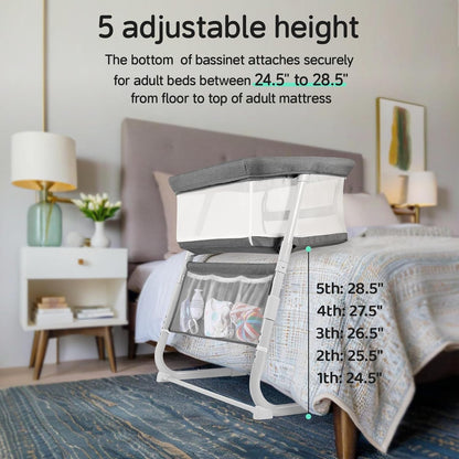 Cowiewie Bassinet Bedside Sleeper,Baby Bassinet Slides Over Bed,5-Position Height Adjustment & Breathable All-Mesh Wall Bedside Bassinet for Baby,Space-Saving Bedside Crib, Height(37.4-41.3") (Beige)