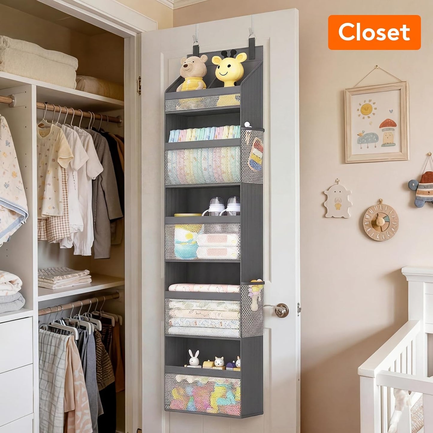 Lifewit 4 Tier Over the Door Diaper Organizer for Nursery, Large Heavy Duty Hanging Storage with 4 Mesh Side Pockets, Sturdy Back of Door Shelf for Baby Stuff Toy in Pantry, Laundry, Bathroom, Gray