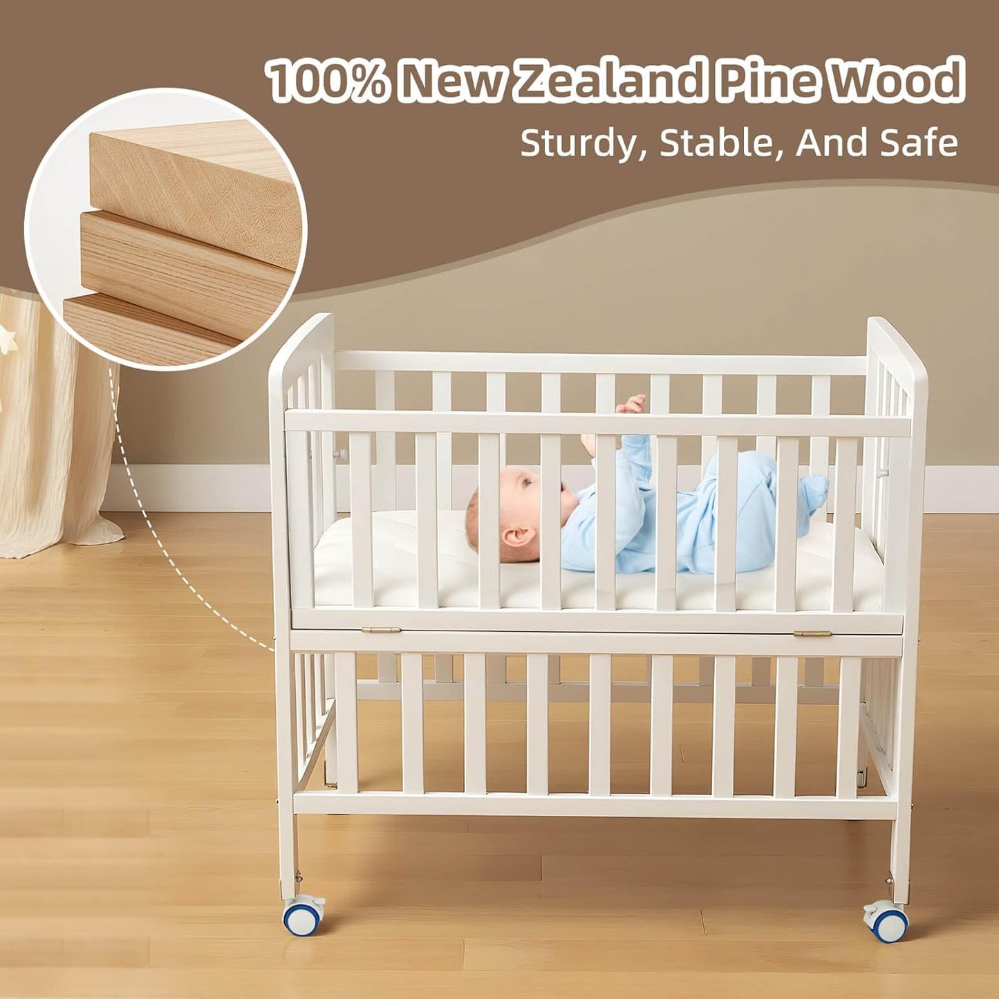 Flwrgirl Baby Bassinets Bedside Sleeper - Portable Pine Wood Bedside Bassinet with Mattress,3 Heights Small Mini Crib,Baby Crib for Newborns,Unpainted | Pine Wood Bassinet, Mattress Included, 3-IN-1 Convertible, Adjustable Height, Locking Wheels, Portalbe