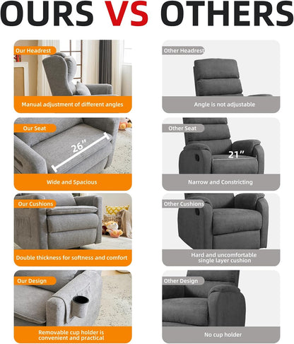 Large Glider Rocker Recliner,Rocking Chair Nursery with Adjustable Headrest,Swivel Rocker Recliner with Lumbar Support,Manual Nursery Rocker Recliner for Living Room& Bedroom,Chenille White
