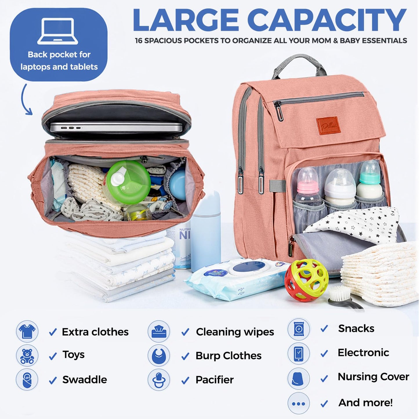 PILLANI Baby Diaper Bag Backpack - Large Waterproof Travel Diaper Bag for Boys & Girls, 16 Organizer Pockets with Changing Pad, Insulated Bottle Pockets & Stroller Straps, Baby Shower Gifts, Dinosaur