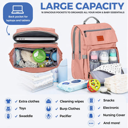 PILLANI Baby Diaper Bag Backpack - Large Waterproof Travel Diaper Bag for Boys & Girls, 16 Organizer Pockets with Changing Pad, Insulated Bottle Pockets & Stroller Straps, Baby Shower Gifts, Dinosaur