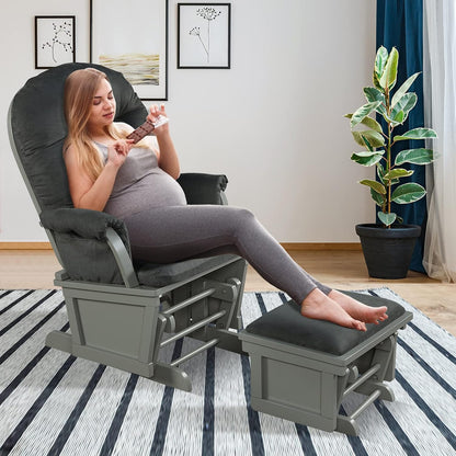 Costzon Baby Glider and Ottoman Cushion Set, Wood Baby Rocker Nursery Furniture for Napping, Nursing, Reading, Upholstered Comfort Nursery Chair w/Padded Armrests & Detachable Cushion (Dark Grey)